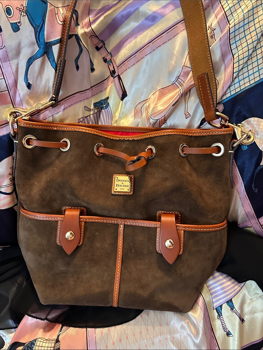Dooney & Bourke Brown Suede Shoulder Bag with Tan Leather Trim